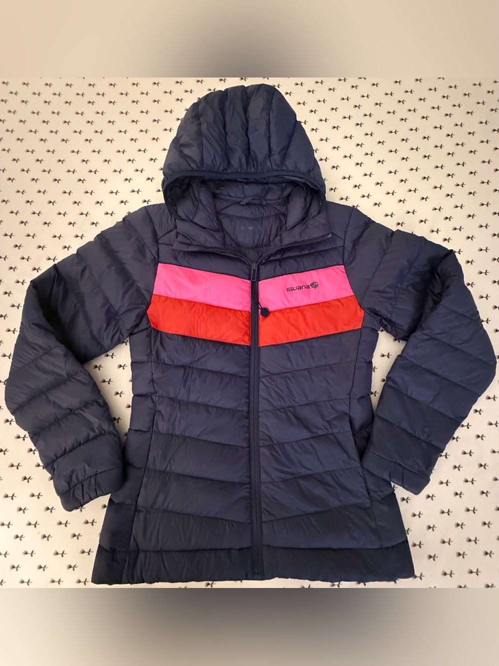 Iguana Hooded Ultra Lightweight Down Puffer Jacket-Women’s S -Blue/Pink/Red -EUC